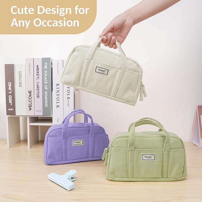 Sooez Large Pencil Case Pouch, Extra Big Pencil Bag with 5 Compartments, Pen Bag Wide Opening, Soft Waffle Pencil Pouch Organizer with Zipper, Cute Aesthetic School Supplies for Teen Girls-Coral