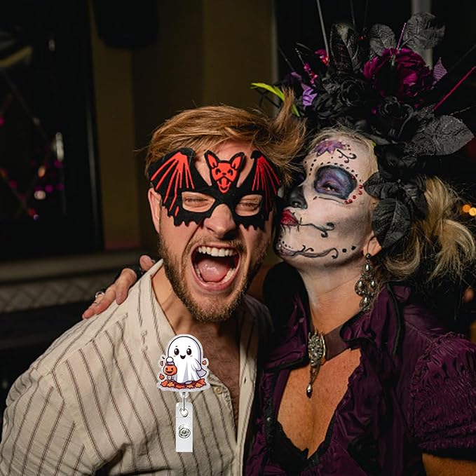 Ghost Badge Reel Retractable Ghost Carrying Basket Badge Clip with Maple Leaves Designs Acrylic Halloween ID Name Holder Clip for Nurse, Teacher, Student, Hospital, Office Worker Name Tag