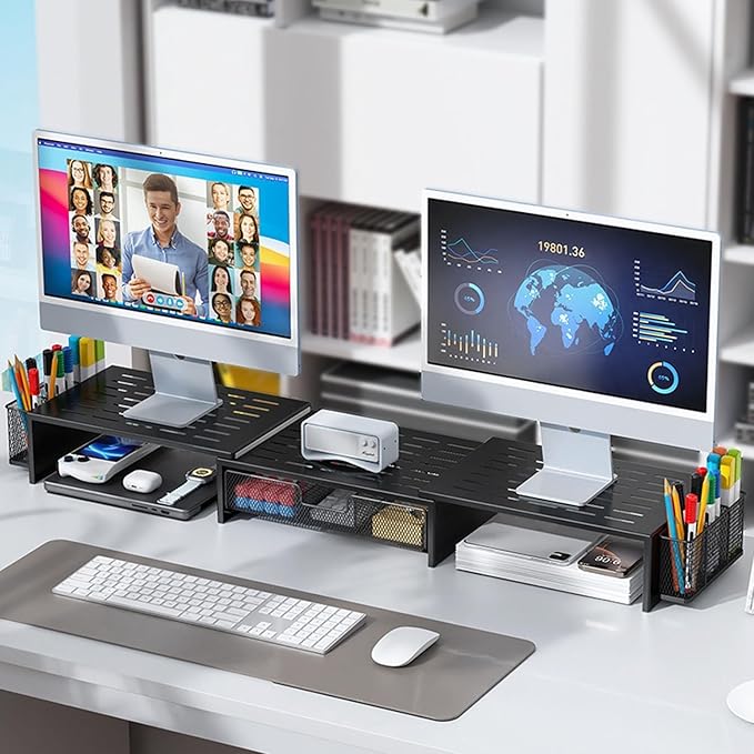 gianotter Computer Dual Monitor Stand Riser For Desk, Desk Organizers And Accessories With Drawer And 2 Pen Holder For Office, Home, School Supplies (Black)