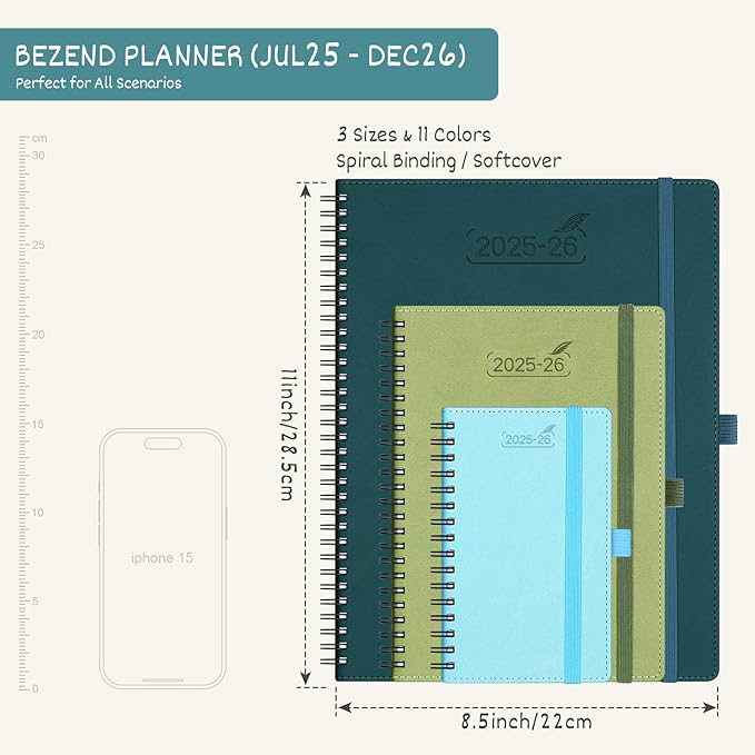 BEZEND Planner 2025-2026 Weekly and Monthly, 8.5" x 11" Academic Calendar (Jul 25-Dec 26) Vertical Daily Appointment with Hourly Timeslot & Monthly Tab, Spiral, PU Leather Softcover - Mint Green