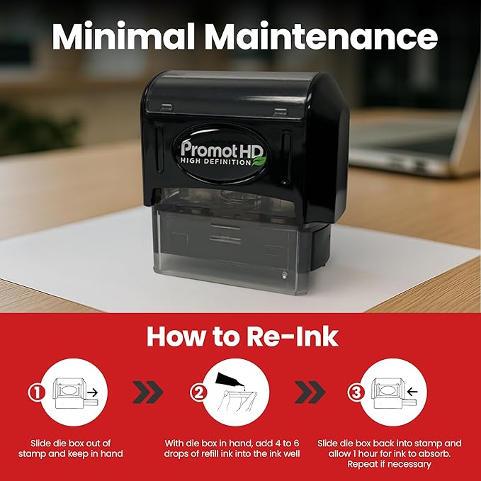 Promot Pre-Inked Custom Deposit Stamp - Personalized Text, Refillable Custom Stamp with Built-in Ink Reservoir, Easy 3-Step Re-Inking, Customized Rubber Stamp for Bank and Businesses (4-Lines)