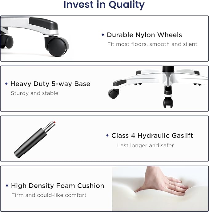 Nouhaus Ergonomic Office Chair Premium Microfiber Leather Adjustable Lumbar Support & Armrests, High Back Comfy Desk Gaming Chairs Executive Computer Swivel Chair Tilt Function(Posture,White)