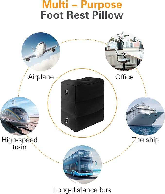 Sunany Inflatable Foot Rest Pillow , Adults Airplane Travel Pillow-Adjustable Height Cushions,for Kids to Sleep While Traveling,Suitable for Office, Home and Any Travel(Black)