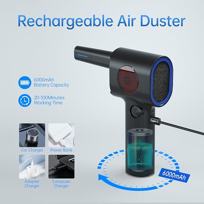 ATEngeus Compressed Air Duster, Stepless Speed Electric Air Duster with Storage Case, Cordless Air Duster with LED Replace Canned Air, 6 Accessories Air Blower, Keyboard Cleaner for Car, PC, Home