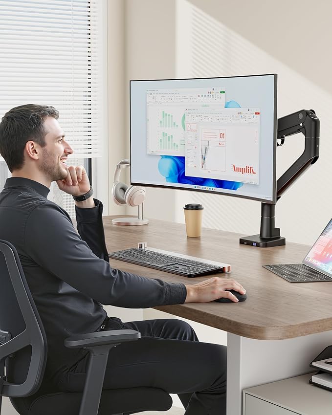 monTEK Single Monitor Arm with USB A/C, Ultrawide Monitor Stand for 17 to 57 Inch Curved Screen, Holds 59.4 lbs, Adjustable Gas Spring Arm, 75/100 VESA Mount, Clamp & Grommet Desk Mount, Black