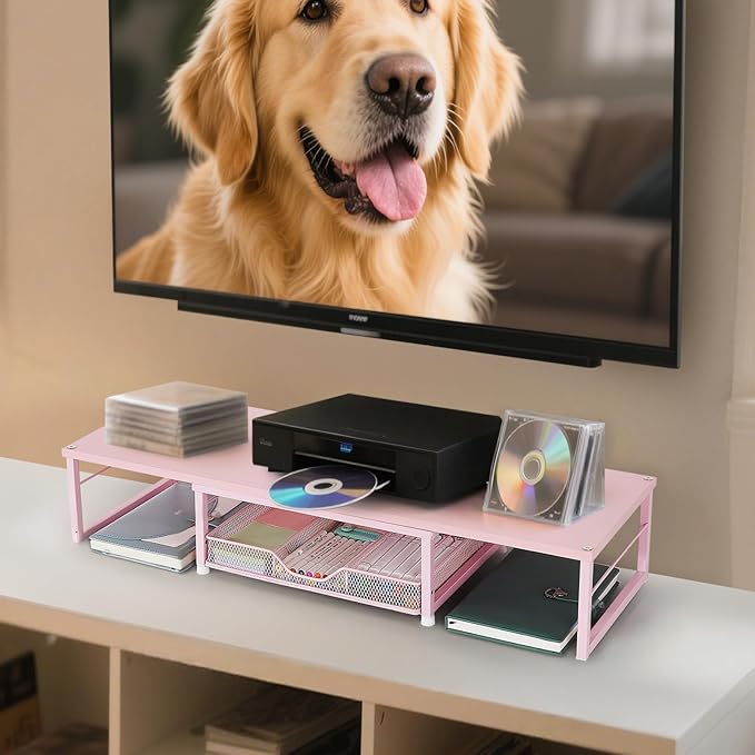 Dual Monitor Stand Riser, Desk Organizer with Drawer, Office Desk Organizers and Accessories, Office Workspace Organization Computer Monitor Stand for Laptop, Printer, TV(Pink)