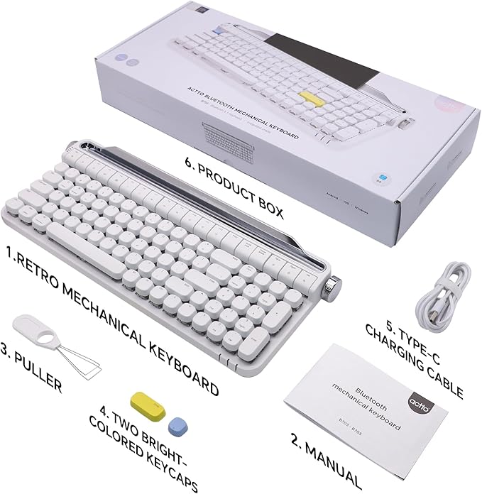 ACTTO B705 Retro Typewriter Keyboard Bluetooth,Vintage Mechanical Keyboard with Tablet Stand,LED Backlight 100 Keys Gaming Keyboard for Windows/macos/iOS/Android,Blue Switch (White)