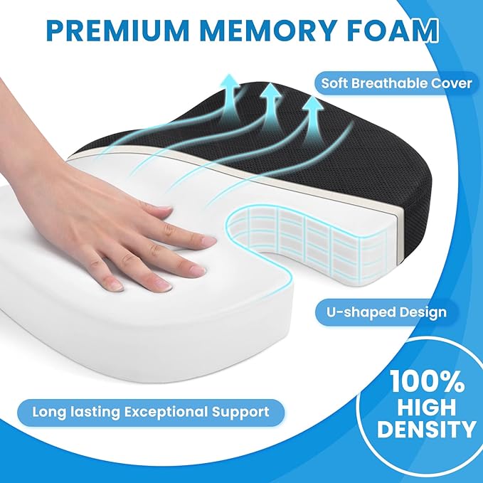 TushGuard Office/ Car Seat Cushion, Non-Slip Sciatica & Back Coccyx Tailbone Pain Relief Chair Pad, Memory Foam Butt Pillow for Computer Desk, Wheelchair, Driving (Black)