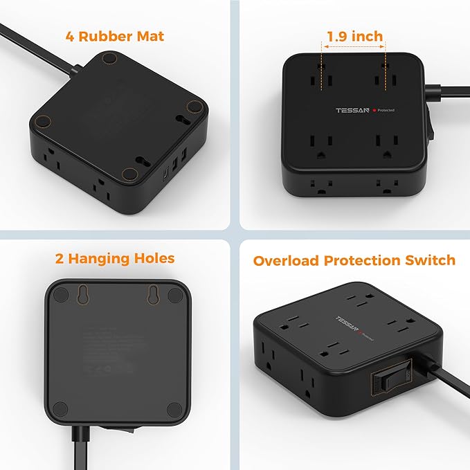 Surge Protector Power Strip, TESSAN 5 FT Black Flat Extension Cord with 8 AC Outlets 3 USB Ports (1 USB C), 900J Protection, 1875W, 3 Sided Wall Plug Extender, Desk Charging Station for Office, Dorm