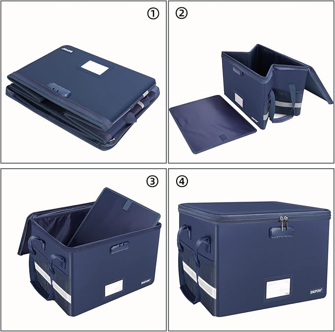 ENGPOW File Box with Lock, Fireproof Document Box with Zipper&Pockets, Collapsible File Organizer Filing Storage Cabinet with Handle, Portable Home Office Safe for Hanging Letter/Legal Folder, Blue