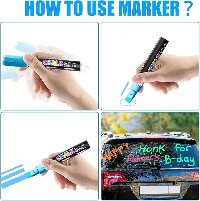 Window Chalk Markers for Cars Glass Washable, 8 Colors Jumbo Liquid Chalk Marker Pens with 10mm 3 in 1 Nib Wide Tip, Chalkboard Markers Car Window Paint Pen for Auto, Mirror, Poster