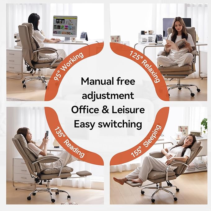 LEAGOO Reclining Office Chair with Foot Rest, Executive Office Chairs with Arms, Ergonomic High Back PU Leather Comfy Swivel Computer Desk Chairs with Wheels and Lumbar Support for Home Office, Khaki