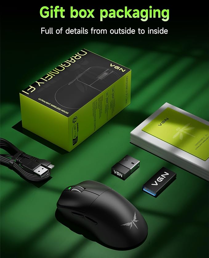 VGN F1 MOBA Wireless Gaming Mouse - Ultralight 55g - Wireless & Wired Mode - 26000 Adjustable DPI - 1000Hz Polling Rate - 200 Hours Battery - Programmable Buttons - Esports Professional Grade - USB-C