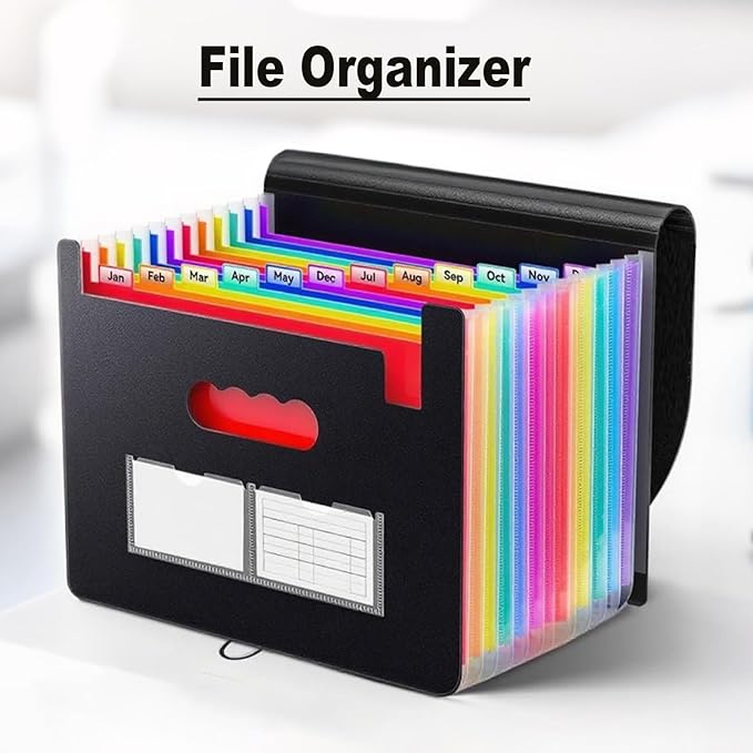 Accordion File Organizer,13 Pockets Expanding File Folder with Blank Labels,Portable Monthly Paper Bill Tax Receipt Organizer,Desktop Folders A4 Letter Paper Document Storage Organize,Black