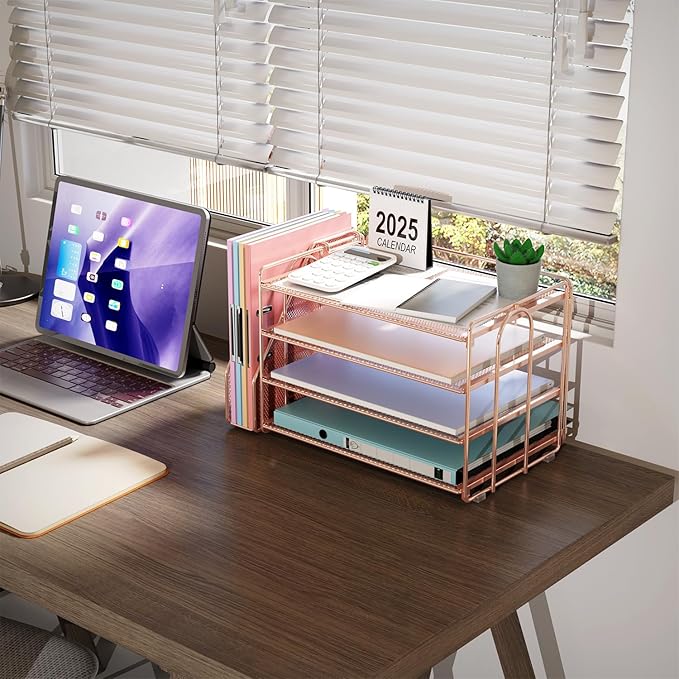 gianotter 4-Tier Paper Organizer With Magazine Holder, Desk Organizers and Accessories, Cute Desk Accessories for Women, File Organizer for Office Supplies Storag(Rose Gold)