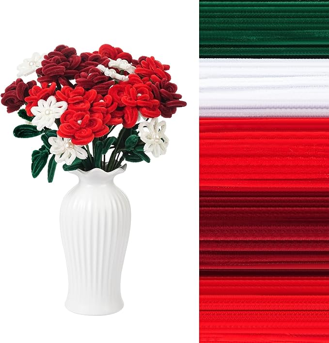 400 Pcs Red Pipe Cleaners for Crafts, 4 Colors Chenille Stems Bulk with Floral Wires, Gardening Tape,Hot Glue StickïŒGreeting Card,Bouquet Paper, Pearl & Ribbon, Flowers Craft kit for Christmas