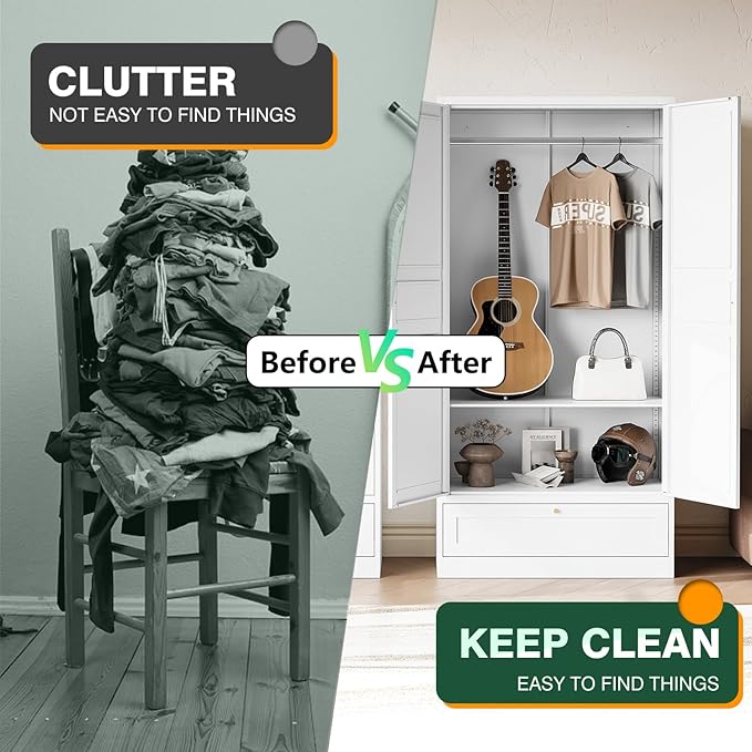 Letaya Wardrobe Closet,72" H Clothing Metal Storage Cabinet with Storage Drawer Adjustable Shelves and Hanging Rod,Bedroom Armoire Cabinet Clothes Organizer (White)