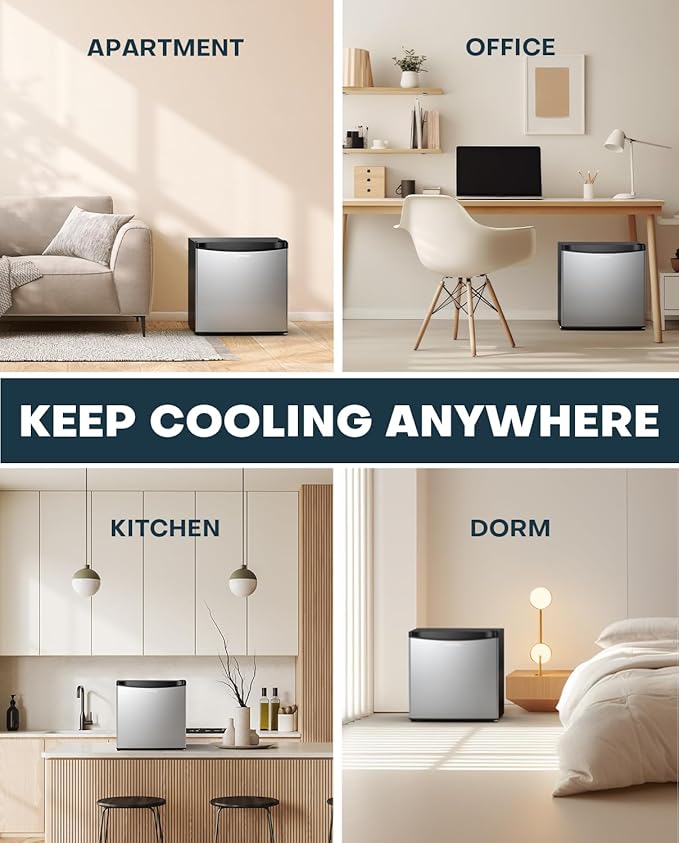 Upstreman 1.7 Cu.ft Mini Fridge with Freezer, Dorm Essentials, Adjustable Thermostat, Energy Saving, Low Noise, Single Door Compact Refrigerator for Dorm, Office, Bedroom, Stainless- FR17