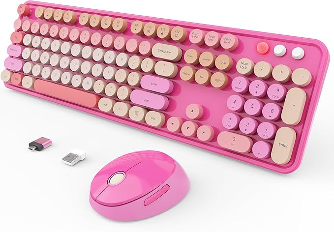 Wireless Keyboard and Mouse Combo, Ergonomic Full Size Typewriter Retro Round Keycaps Keyboard, Compatible with Windows, PC, Perfer for Home and Office Keyboards (Red)