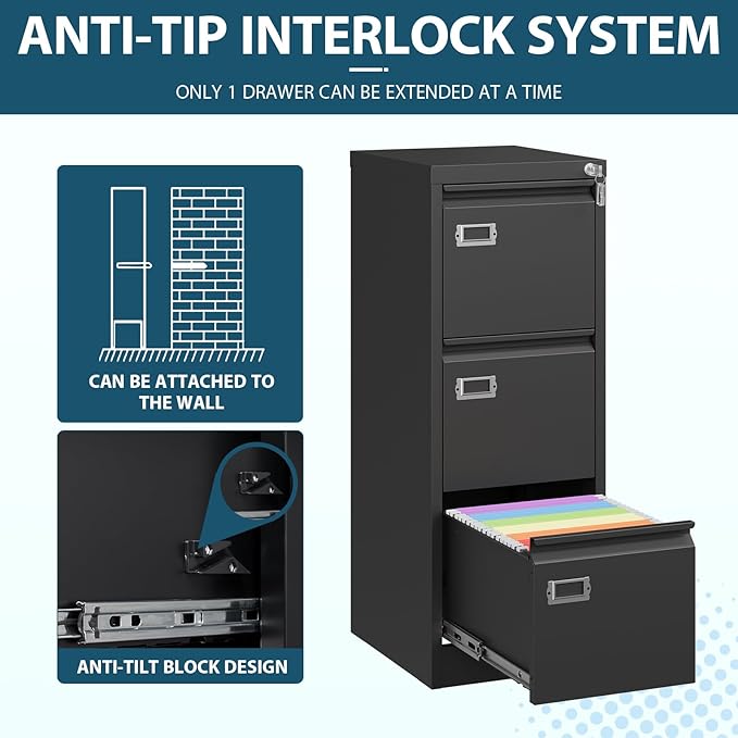 MIIIKO 3 Drawer File Cabinet, Black Metal Vertical Filing Cabinet with Lock, Home Office File Folders Storage Cabinet for Letter Legal A4 File Size