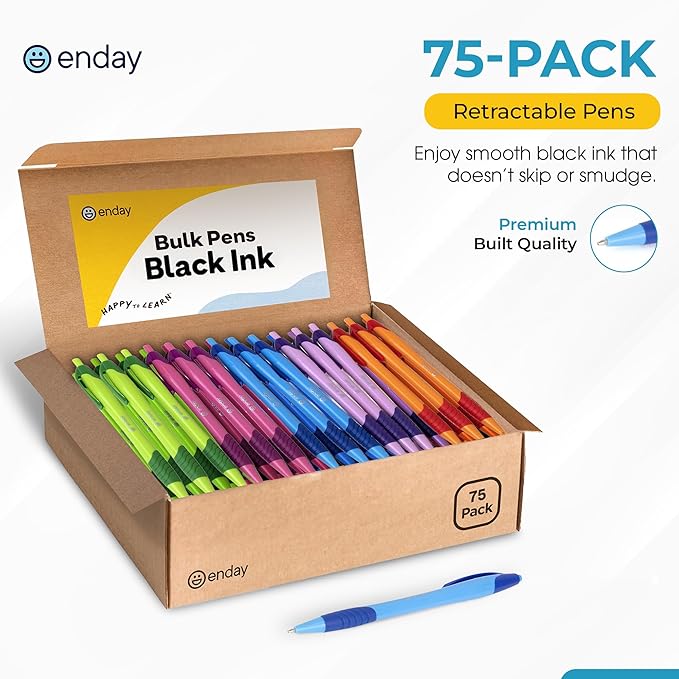 Enday Pens Bulk (75 Pack), Retractable Ball Point Pens Black Ink, Medium Point (1.0mm), Comfortable Grip, Smooth Writing Pens for School & Office