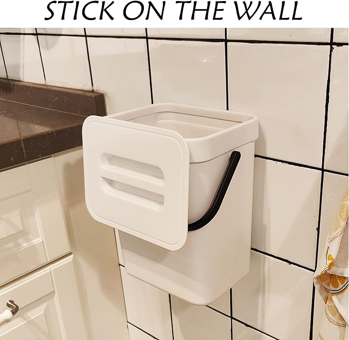 stonespace Hanging Small Trash Can with Lid Under Sink for Kitchen,1.3 Gallon/ 5L Mountable Compost Pail,Kitchen Compost Bin for Countertop, White