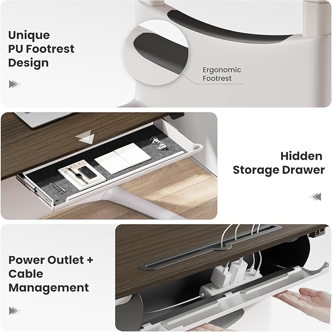 COLAMY Electric Adjustable Standing Desk – 48 x 28 Inch Sit Stand Desk with Drawer & Cable Management, Dual Motor Lift System, Ergonomic Footrest, Home Office Table (MFC Desktop, Walnut + White)