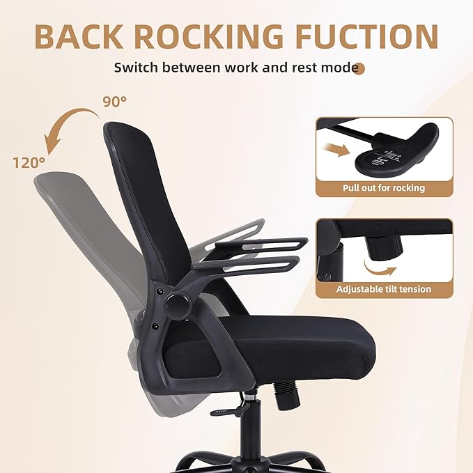 Modern Ergonomic Office Chair, Black, Mesh Back, Flip-up Armrests, Adjustable Height, 300 lbs Capacity