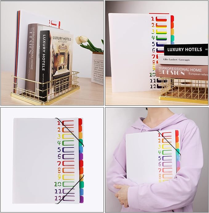 Rainbow Tab Expanding File Folder - 24 Pockets, Durable A4 Letter Size Organizer, Water-Resistant Plastic Dividers, Home/Office/School Document Holder (White)