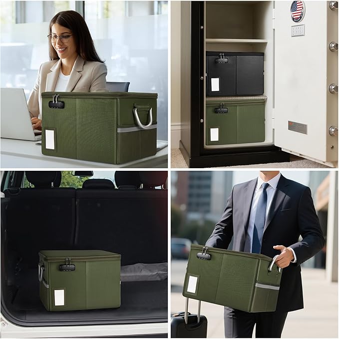 TOMKID 5200°F Fireproof Document Box, Fire Important Document Organizer with Lock, Upgraded Heat Insulated Filing Storage Cabinet Office Organization (5200°F Fireproof Box, Green)