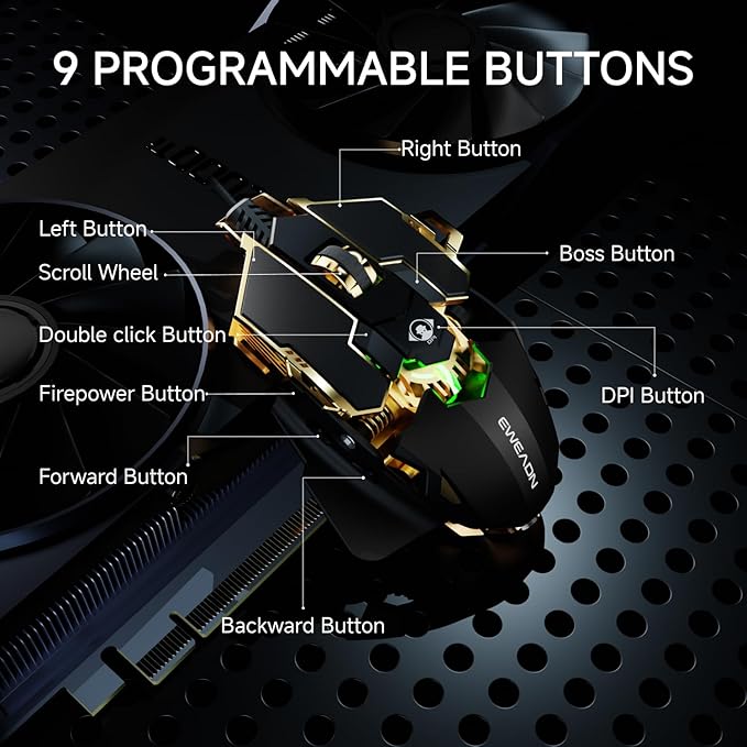 EWEADN G5 Wired Gaming Mouse, Ergonomic RGB Computer Mouse, 12800 Adjustable DPI, 9 Programmable Macro Buttons with Rapid Fire Key Compatible for PC/Laptop/Windows- Black&Gold