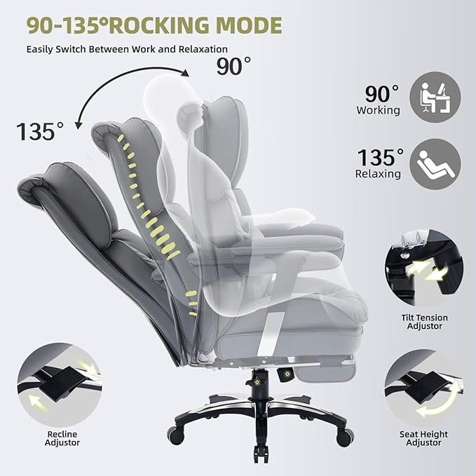 Efomao Big and Tall Office Chair with Footrest – High Back Computer Chair with Adjustable Armrests,Executive Office Chair with Wide Seat, Modern Desk Chair for Home Office, Gaming, or Study, Grey