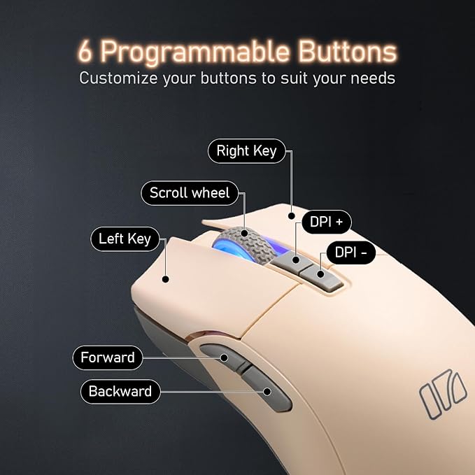 iRocks M31R Wireless Gaming Mouse, Triple Mode 2.4G/ Bluetooth/USB-C Detachable Cable Gaming Mouse, Kailh GM8.0 Switches, Advanced PixArt PAW3395 Optical Sensor, Up to 26,000 DPI - Light Buff Brown