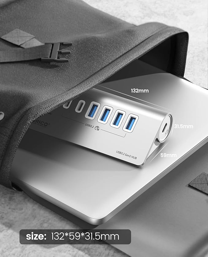 ORICO 7 Port USB Hub 10Gbps, Aluminum USB 3.2 Gen 2 Hub, 6 USB 3.2 Data Ports, PD 60W Ports, 1.64Ft C to C Cable, USB Data Hub for Laptop