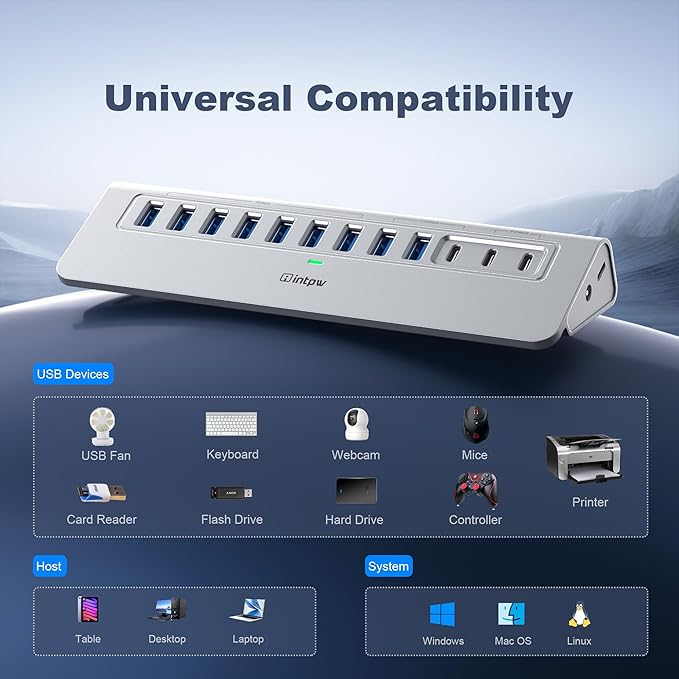 Powered USB Hub 10Gbps, intpw 12 Port USB C Hub with 10Gbps USB C 3.2, 2 USB A 3.2, 7 USB 3.0, 2 PD 45W Charging Ports, 65W Power Adapter and 3.3FT Cable, Aluminum USB Hub for Laptop, iPhone16/15, PC