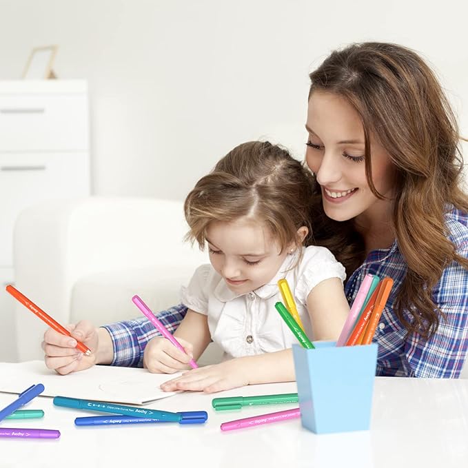 AECHY 12PCS Colored Curve Pens for Note Taking, Dual Tip Pens with 10 Different Curve Shapes & 12 Colors Fine Lines, Curve Highlighter Pen Set for Kids Journaling Note Taking Supplies