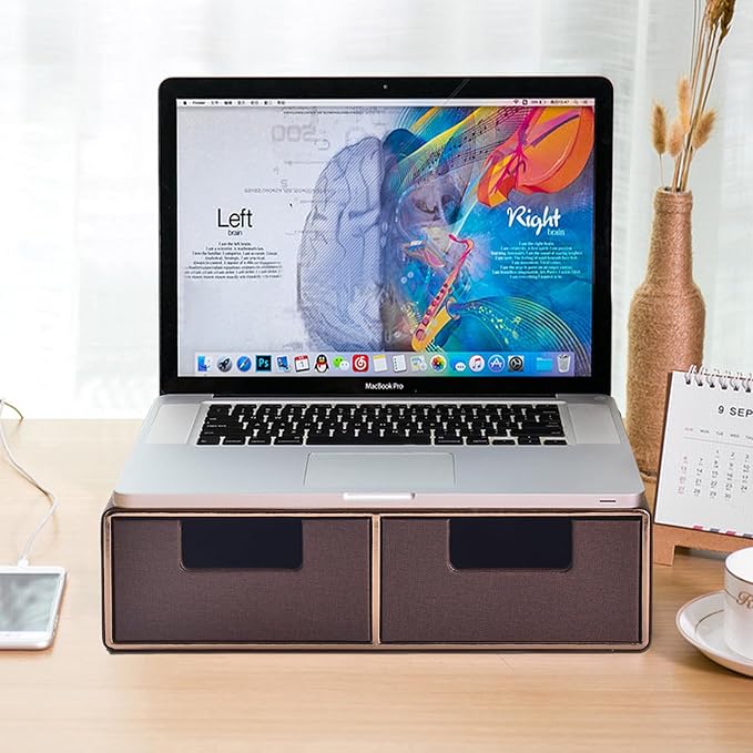 Linen Leather Desk Organizer and monitor stand with Drawers-Mini Desktop Drawer Organizer Stackable-Tabletop Organization Storage Box for Office Supplies Home Vanity Toiletries (Brown, 2-drawers)