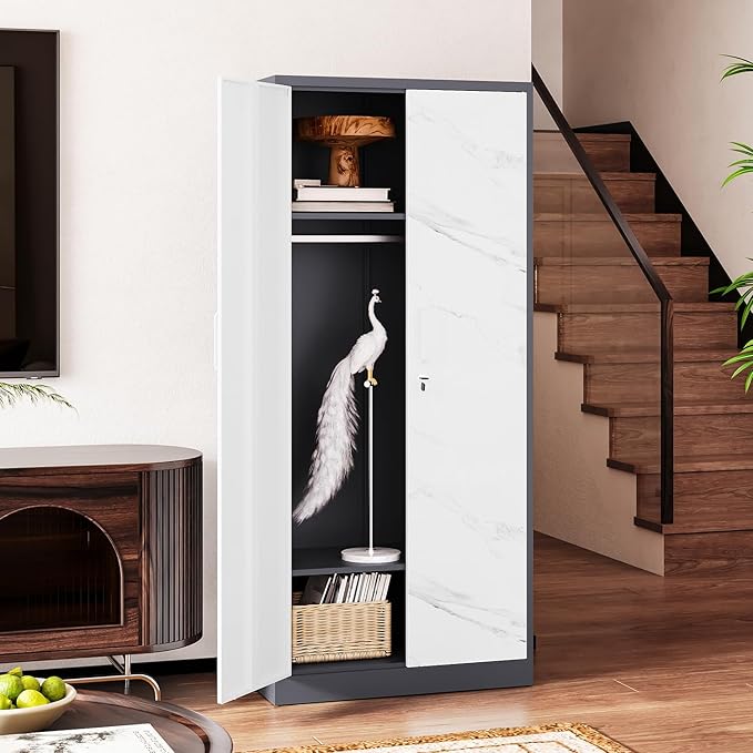 Letaya Wardrobe Closet, 72" H Clothing Storage Cabinet with Adjustable Shelves and Hanging Rod, Bedroom Armoire Clothes Organizer (White Gray)