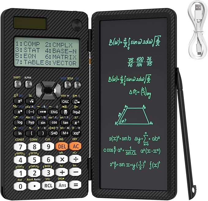 Rechargeable ROATEE 991ES MAX Scientific Calculators, CalcNote Multiview 4-Line Display with LCD Writing Tablet Notepad, Foldable Portable for Business High School College Students and Teacher(Black)