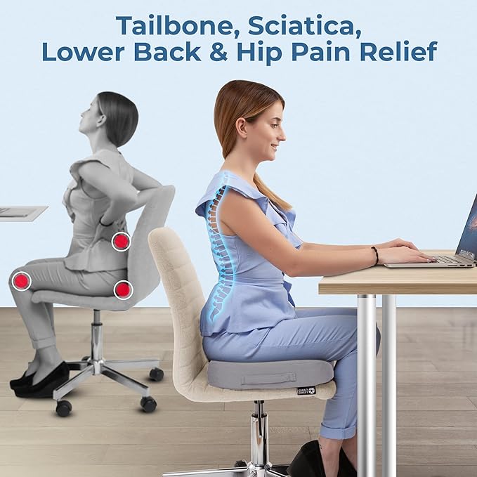 5 STARS UNITED Seat Cushion for Tailbone Pain Relief ā Large Memory Foam Lifting Pillow for Coccyx, Hip, Sciatica & Post-Surgery Recovery ā Wheelchair, Car, Desk, Gaming & Office Chairs, Light Gray