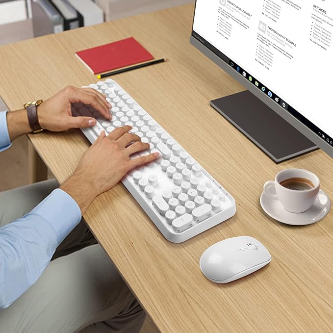 FOPETT Wireless Keyboard and Mouse Combo, 104 Keys Full-Sized 2.4 GHz Round Keycap Colorful Keyboards, USB Receiver Plug and Play, for Windows, Mac, PC, Laptop, Desktop (White)