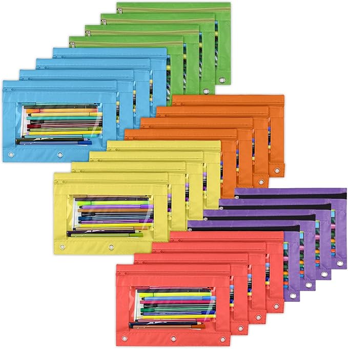 YoeeJob Pencil Pouch for 3 Ring Binder,Zipper Pencil Pouches Bulk,Pencil Case Pouch with Clear Window for Class, School, Office, 6 Colors-24 Packs