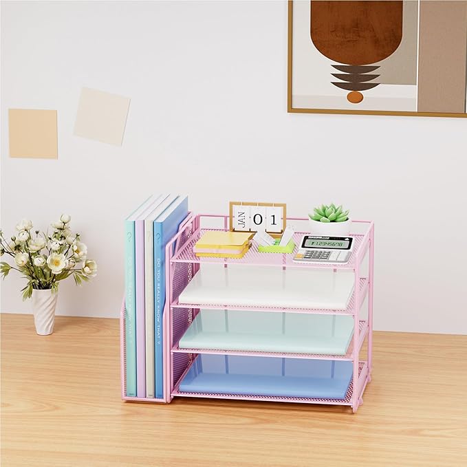 Marbrasse Desk Organizer and Accessories,4-Tier Paper Letter Tray Organizer with File Holder,Desk Accessories & Workspace Desktop Organizers for School Home Office Supplies (Pink)
