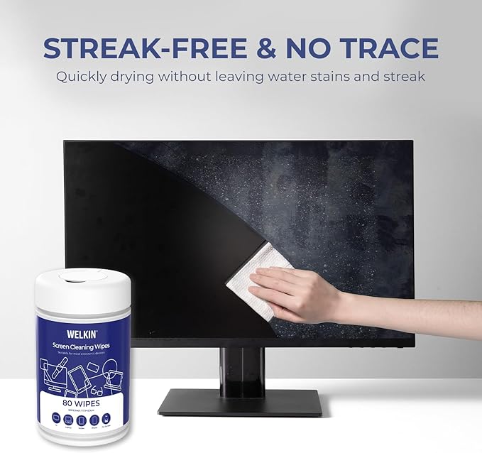 WELKIN 80 Electronics Cleaning Wipes - Non Toxic Screen Cleaner, Streak Free Touchscreen Cleaning for All Phones, Laptop, Computer, TV and Car,1 X Microfiber Cloth Included