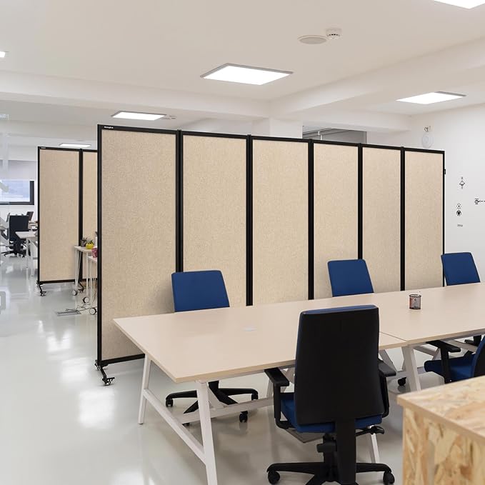 Upgrade Version Room Partition and Divider, Freestanding Rolling Dividers with Wheels,Office Privacy Screen Divider Wall,Classroom Felt Dividers,12'2"L* 6'7"H,6 Panel,Beige