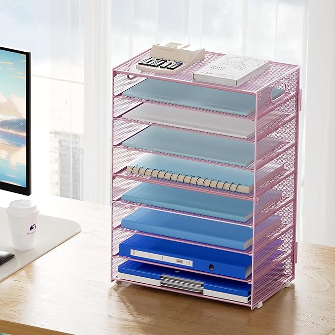 Marbrasse Paper Organizer Letter Tray, 9 Tier Mesh File Organizer with Handle, Paper Sorter Desk Organizer for Home Office Supplies - Pink