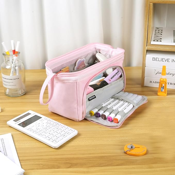 MAMUNU Pencil Case Pouch Large Capacity with Compartments, Pencil Case Pouch Bag with Zipper Handle for Teen Girls Adults Women, Portable Pen Bag Stationery Organizer for Office School Travel, Pink