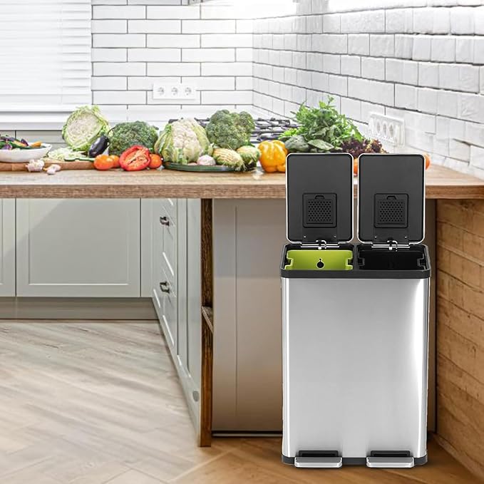 Simpli-Magic 16 Gallon (60L) Step Trash Can – Dual Compartment Kitchen Garbage Can with Waste & Recycling Bins – Slow-Close Lid, Odor Control, Hands-Free, Inner Bases, Premium Stainless Steel