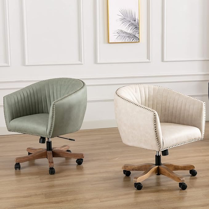 Green Faux Leather Home Office Desk Chair, Upholstered Barrel Swivel Adjustable Arm Desk Chair with Nailheads, Comfy Mid-Back Study Chair with Silent Wheel for Study Office Computer