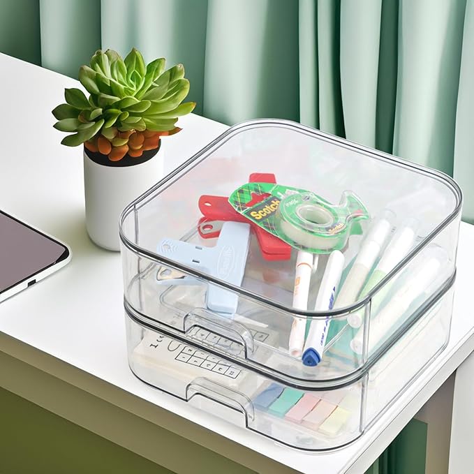 Set of 2 Stackable Storage Drawers - 7.8" Clear Plastic Drawer Storage, Acrylic Makeup Organizer, Desk Counter Cabinet Office Organizer, Bathroom Organizers and Storage (Square/Set of 2)